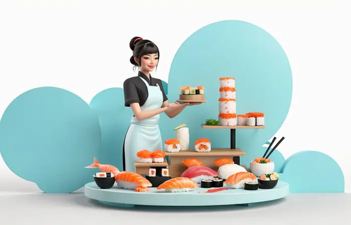 Female Japanese Chef Cooking Sushi 3D Character Illustration